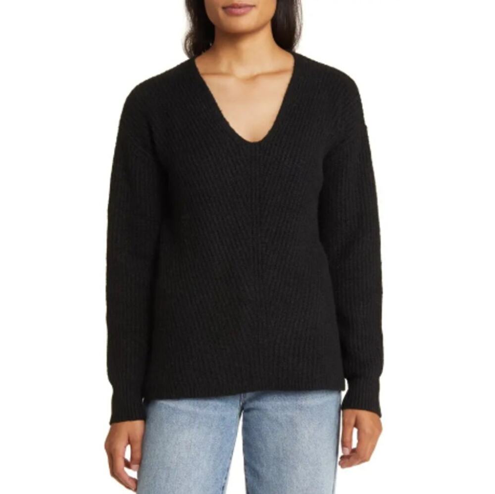 New CASLON Nordstrom Women's Black Directional V-Neck Sweater Small